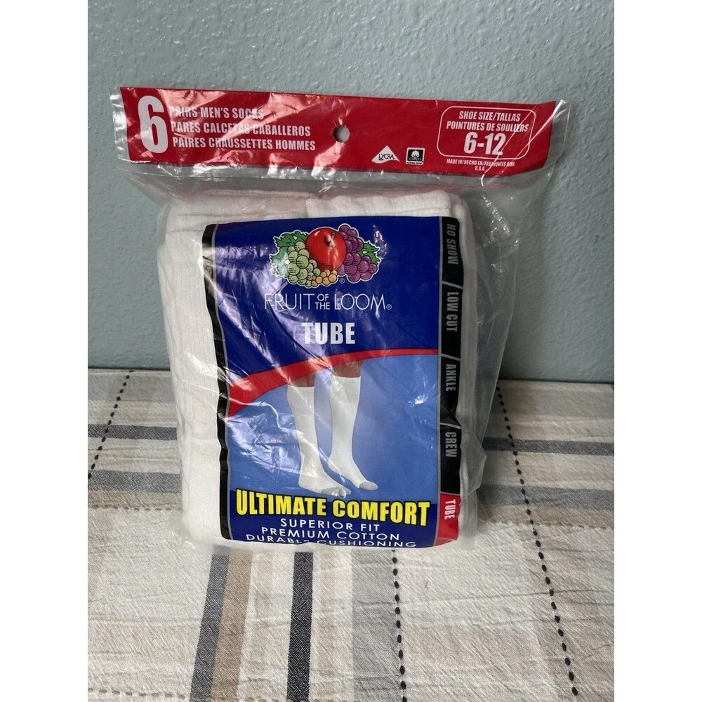 VTG Fruit of the Loom Mens 6-12 Cotton Tube Socks 6 Pack NOS Made In USA